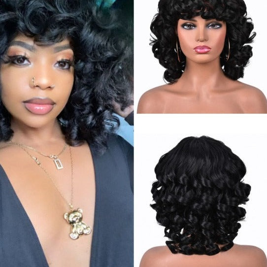 Perruque afro touffus bouclés avec frange - Dentelle-Avenue