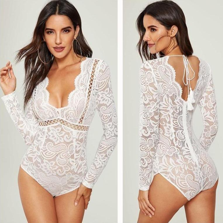 Body nylon et dentelle manches longues - Dentelle-Avenue